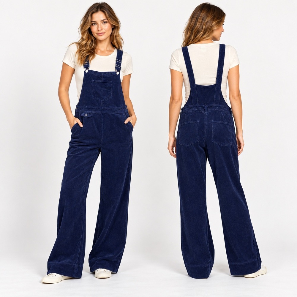 PILCRO Corduroy Overalls Women's 31 Navy Blue Boho Artsy Workwear Straight Leg